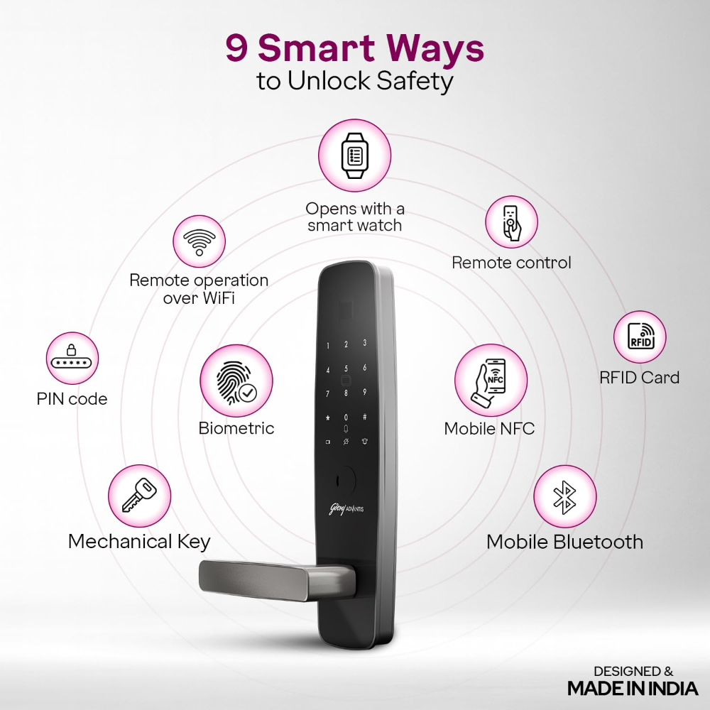 Godrej Smart Lock | Made in India Digital Lock for Main Door I Advanced & Highly Secure|9 in 1 Access|NFC,Smart Watch,BLE Remote,Wi-Fi,Fingerprint | Gun Metal Black I 3Yr Warranty 